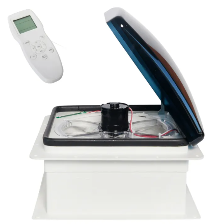 CLARABÓIA 36 X 36 CM COM EXAUSTOR 12V, VENTILADOR, SENSOR DE CHUVA E CONTROLE REMOTO